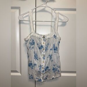 Blue Floral White Lace Button Up Summer Tank Top